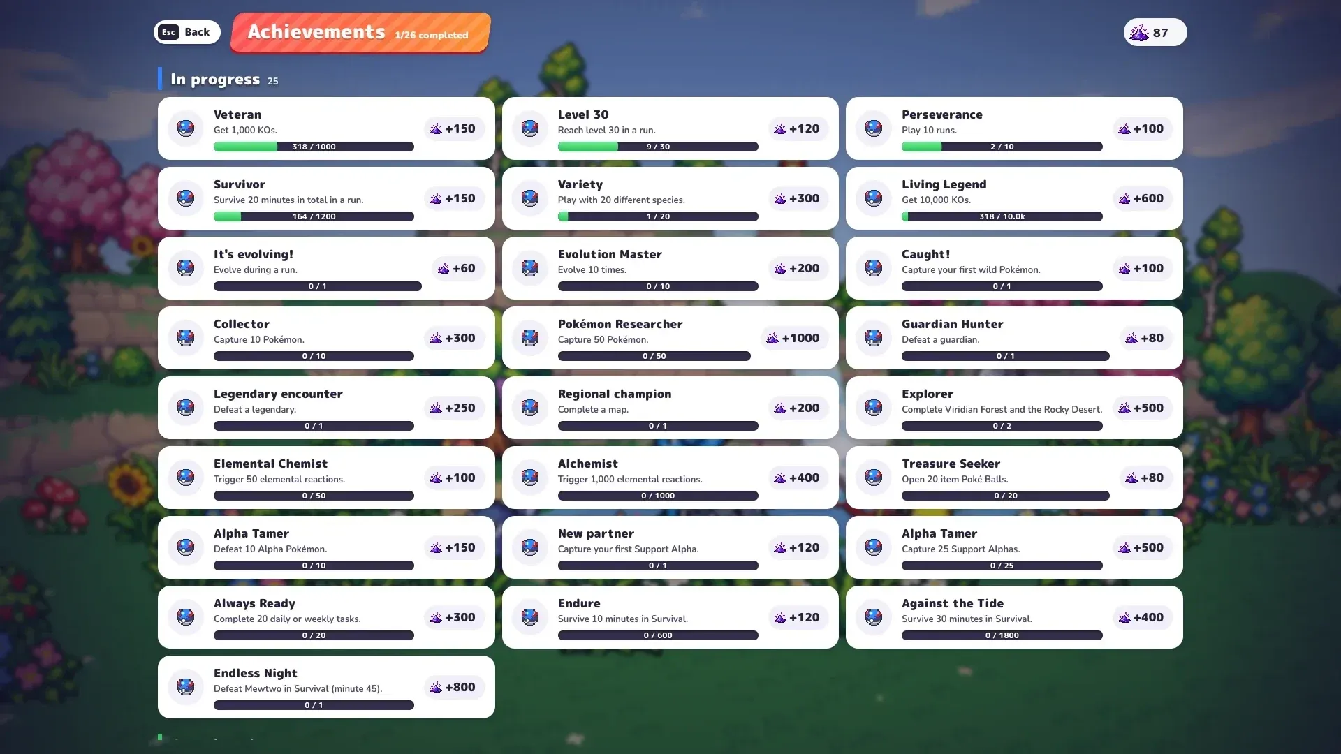 PokéBonk achievements list with Stardust rewards