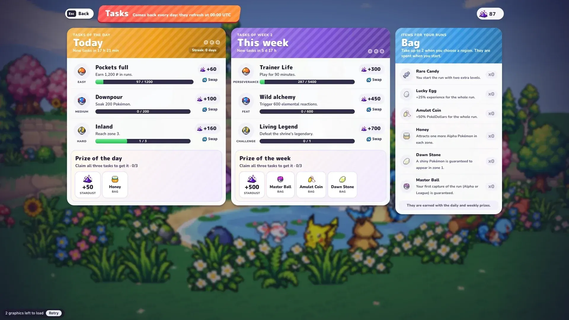 PokéBonk daily and weekly tasks with Stardust rewards, reset at 00:00 UTC