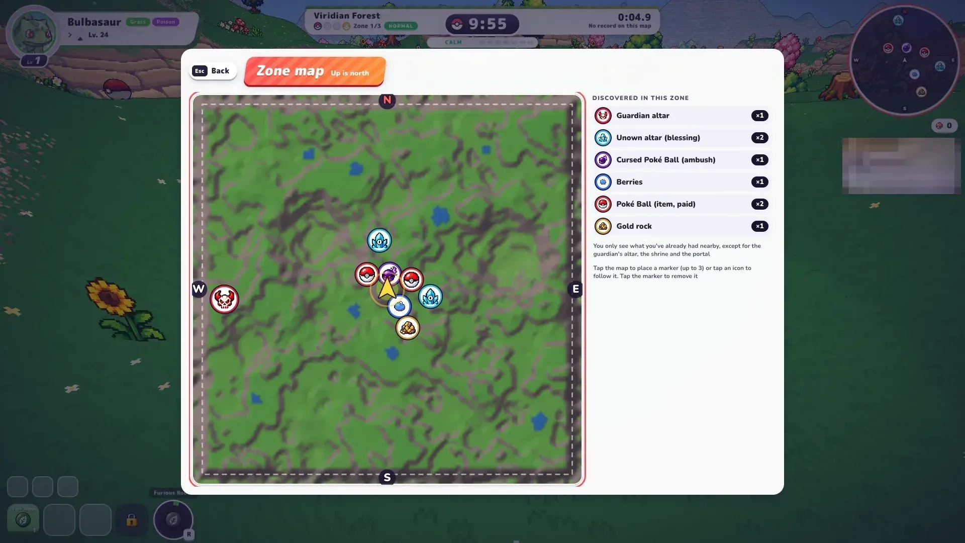 PokéBonk big zone map (M) of Viridian Forest Zone 1 with discovered landmarks