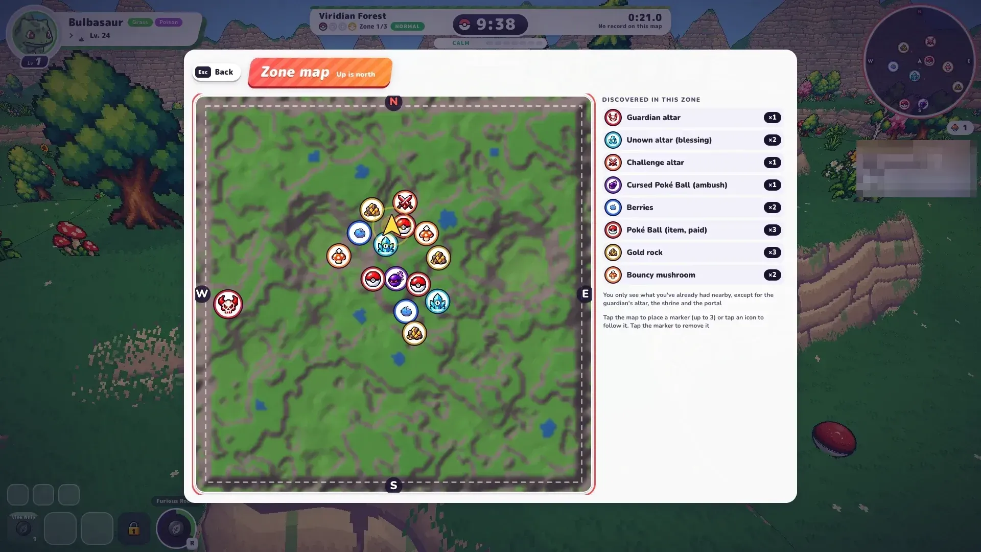 PokéBonk zone map legend with Poké Balls, altars and landmarks