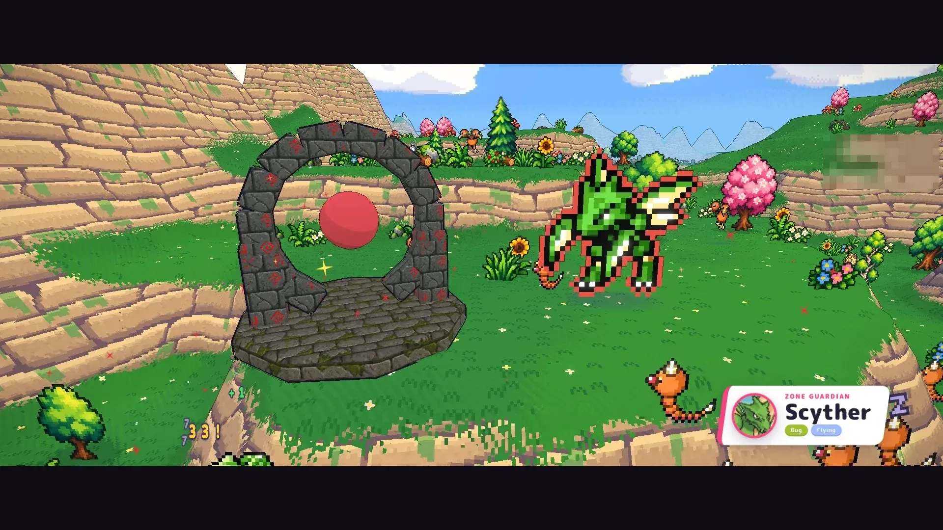 Scyther guardian appearing at the guardian altar in Viridian Forest Zone 1