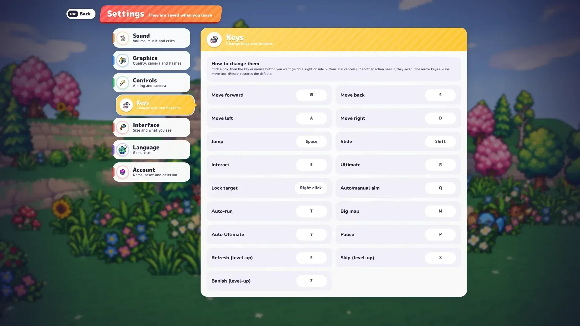 PokéBonk default key bindings: WASD, Space jump, Shift dash, E interact, R Ultimate, M map, F/X/Z level-up tools