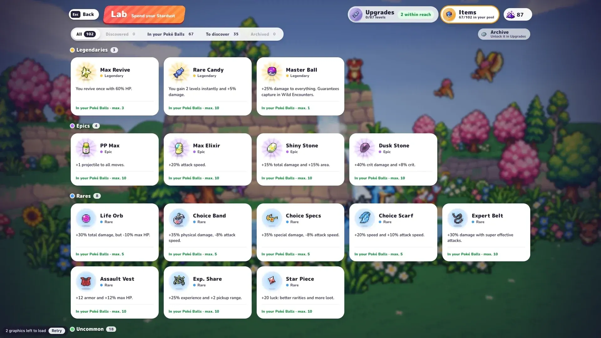 PokéBonk Lab item pool with unlockable items