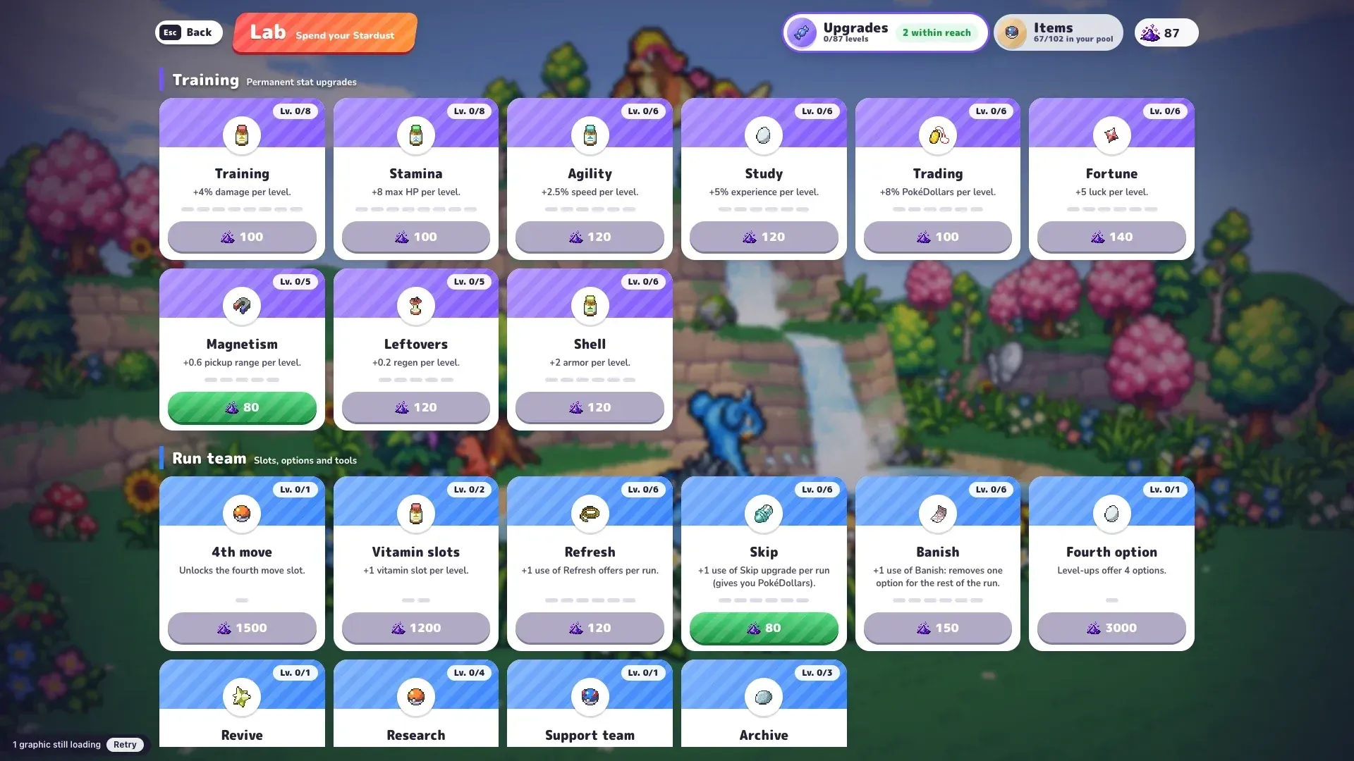 PokéBonk Lab Training upgrades with starting Stardust costs and max levels