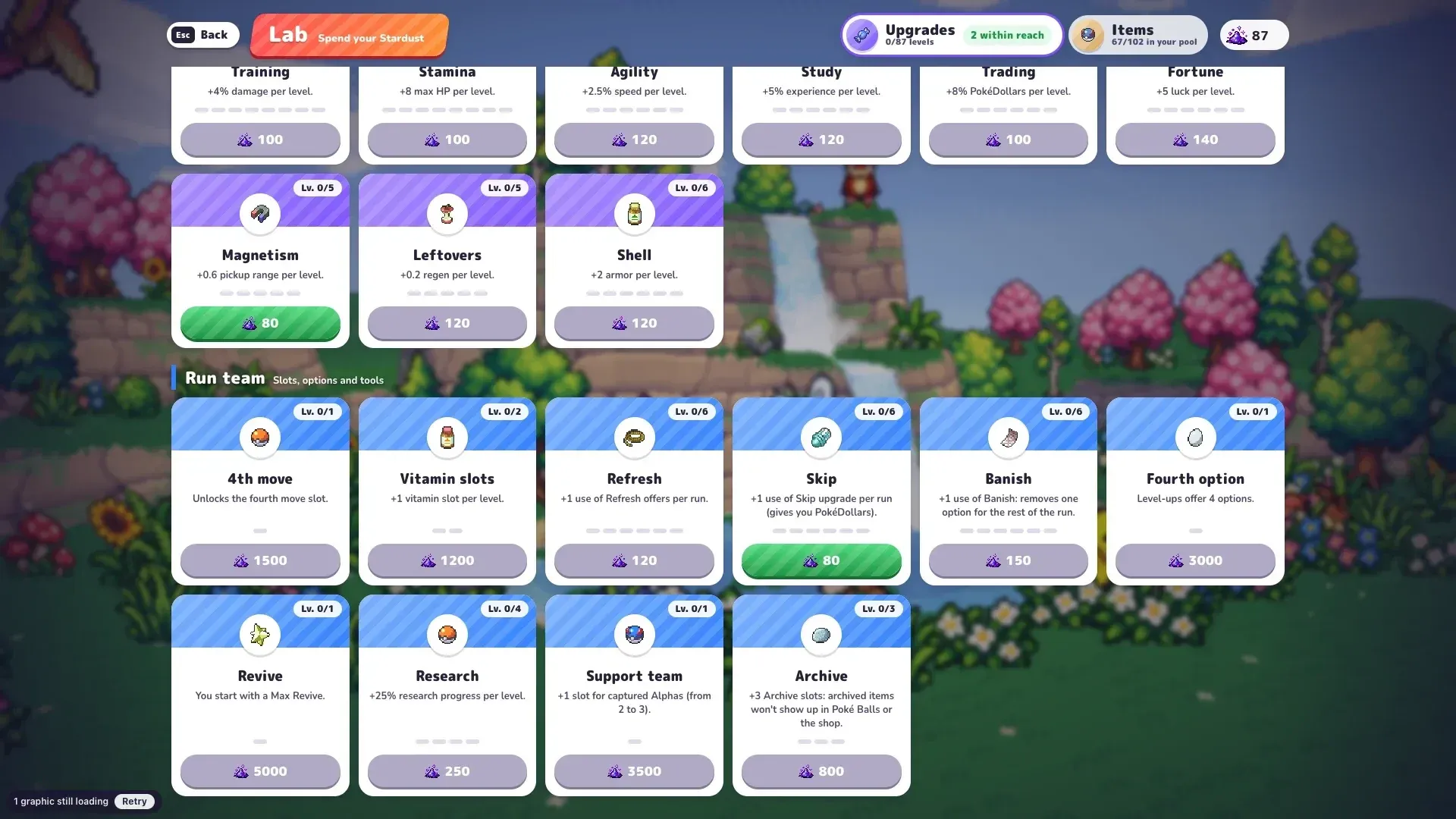 PokéBonk Lab run tools: 4th move slot 1500, vitamin slots 1200, Refresh, Skip, Banish and fourth option 3000