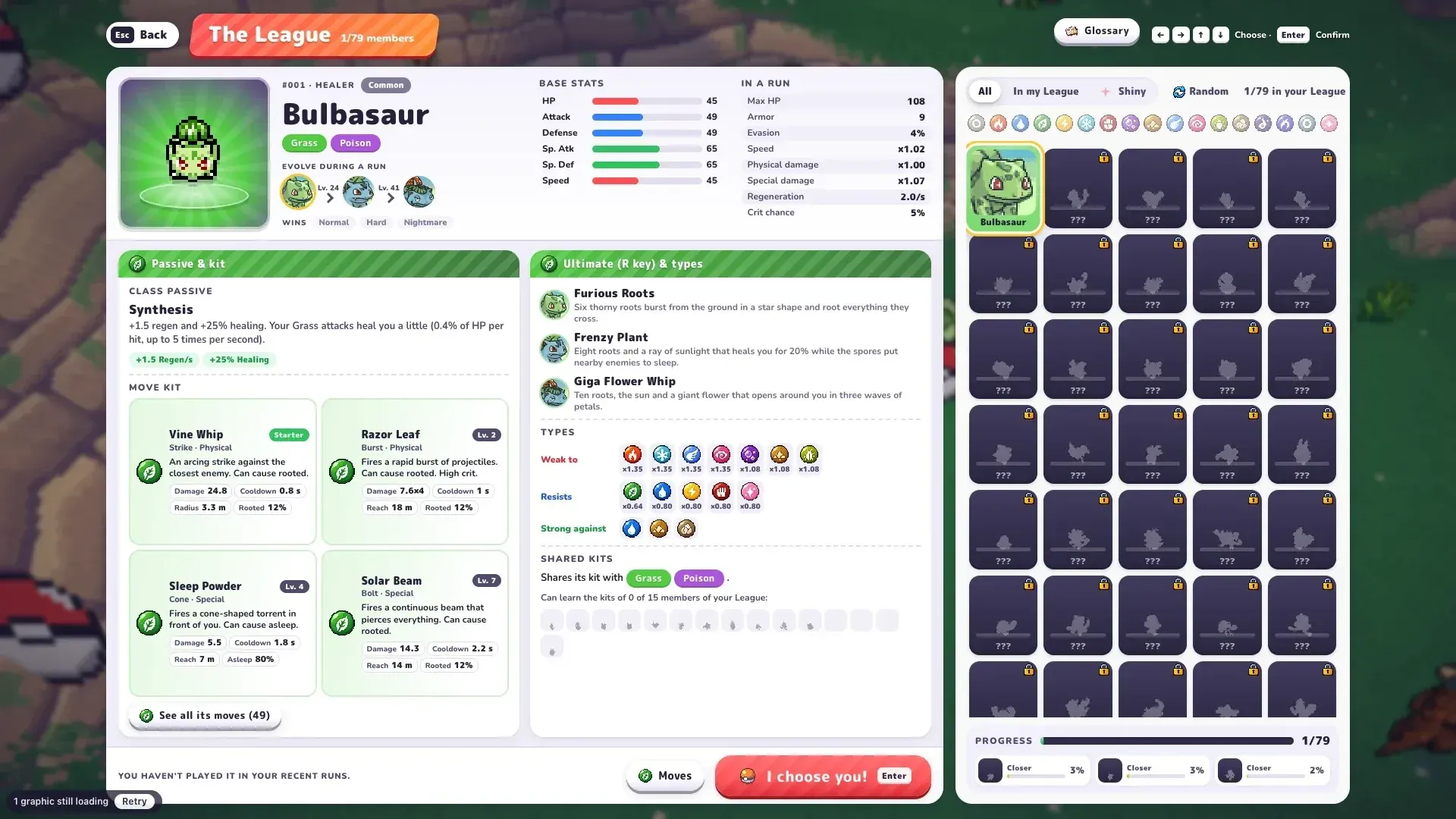 PokéBonk League entry for Bulbasaur: passive Synthesis, moves, Ultimate and evolution levels 24 and 41