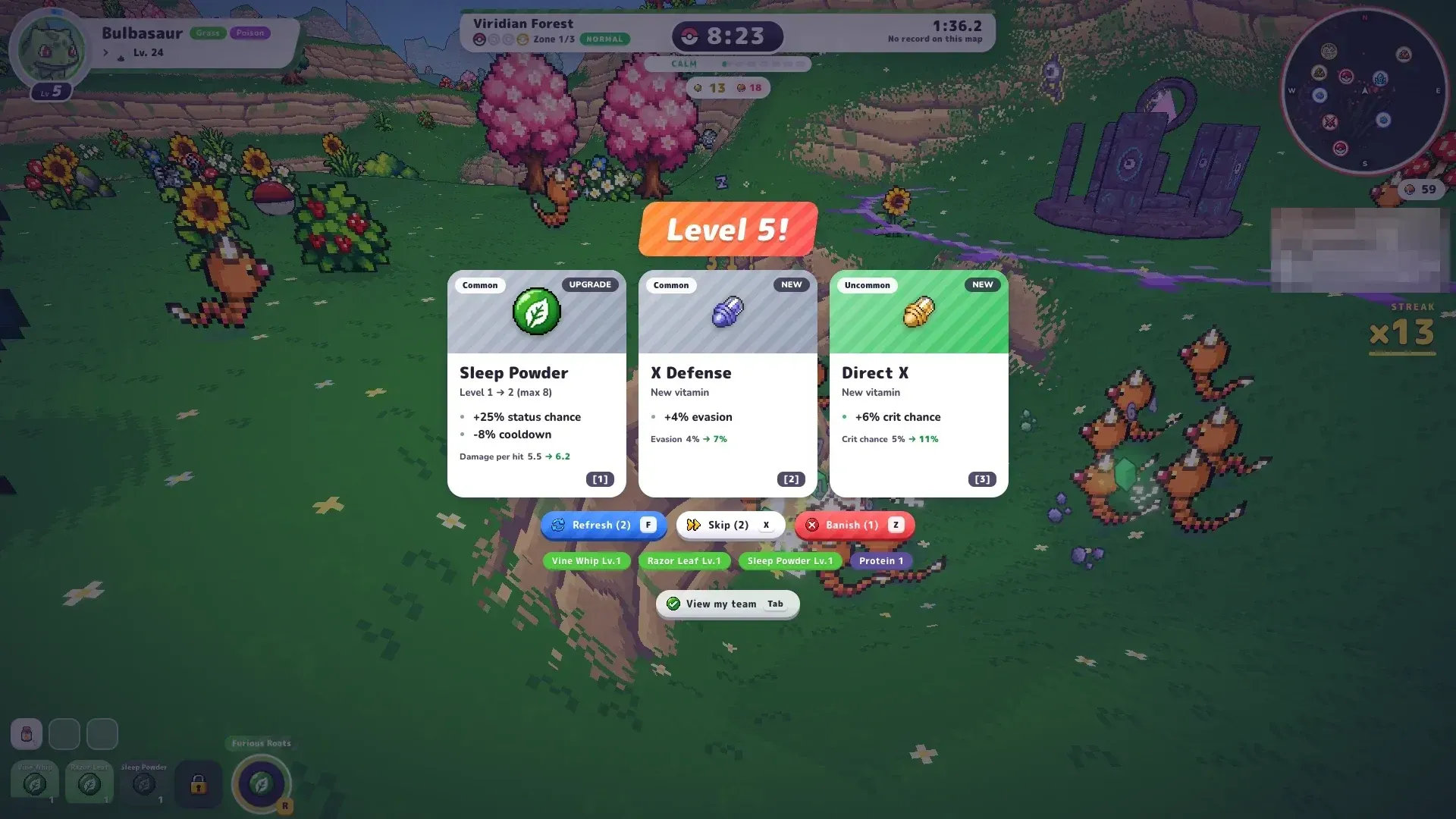 PokéBonk level-up choice with Sleep Powder, X Defense and Direct X