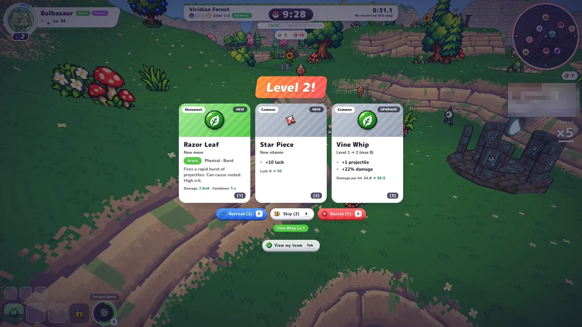 PokéBonk Level 2 cards: Razor Leaf new move, Star Piece vitamin, Vine Whip upgrade, with Refresh (F), Skip (X) and Banish (Z)