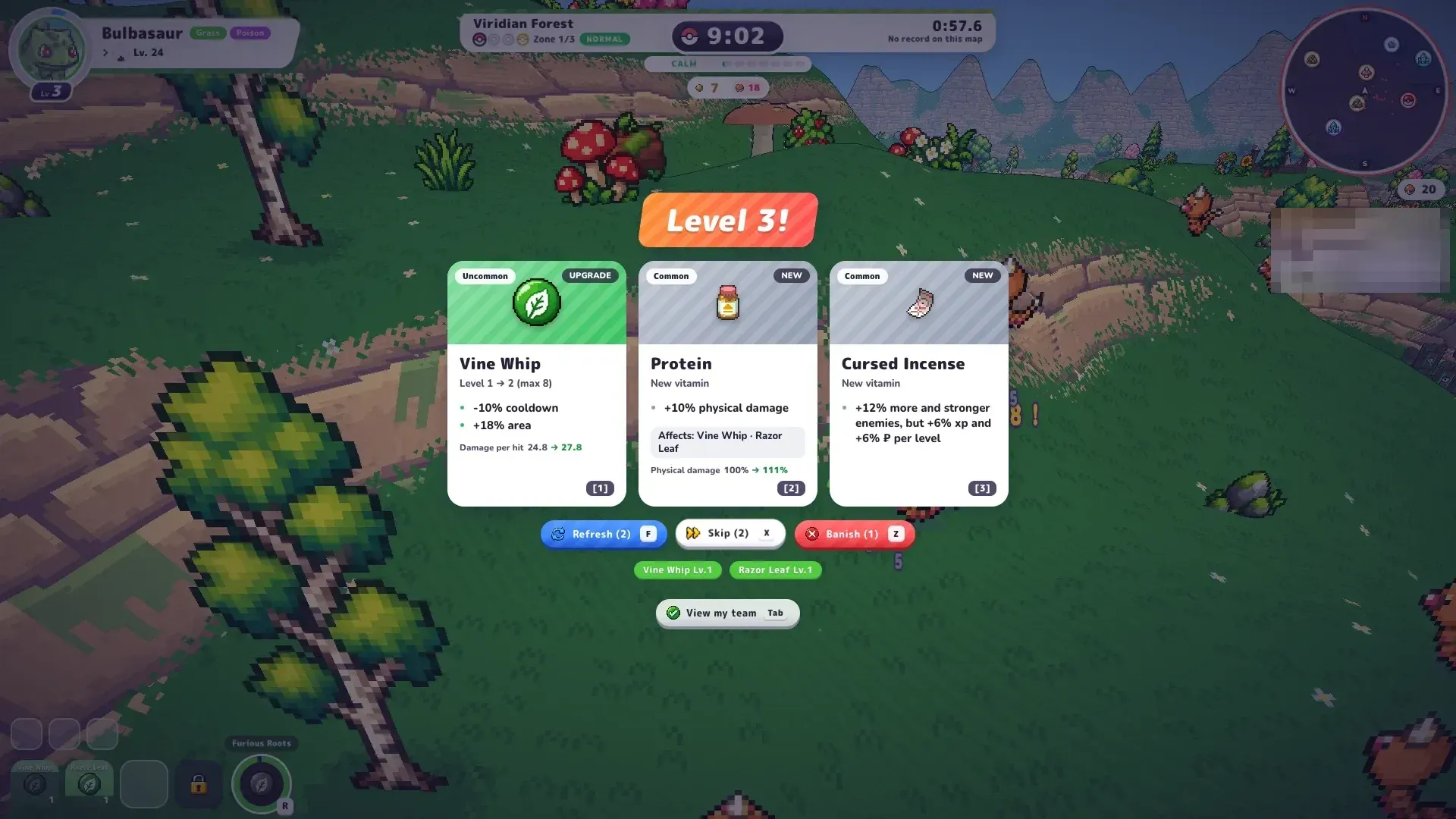 PokéBonk level-up choice with Vine Whip, Protein and Cursed Incense