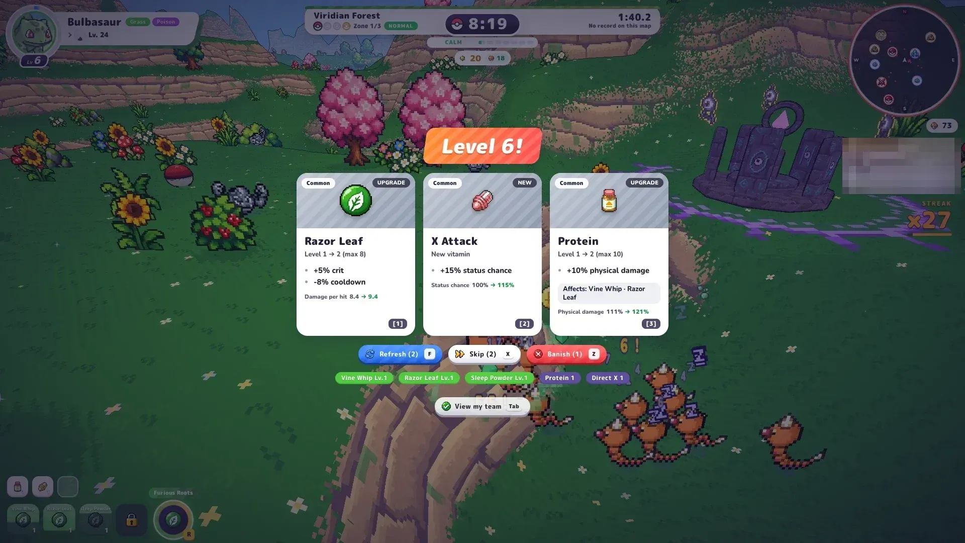 PokéBonk level-up choice with a Razor Leaf upgrade card