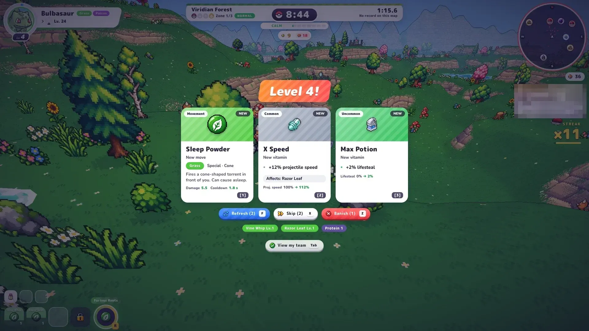 PokéBonk level-up choice offering Sleep Powder, X Speed and Max Potion