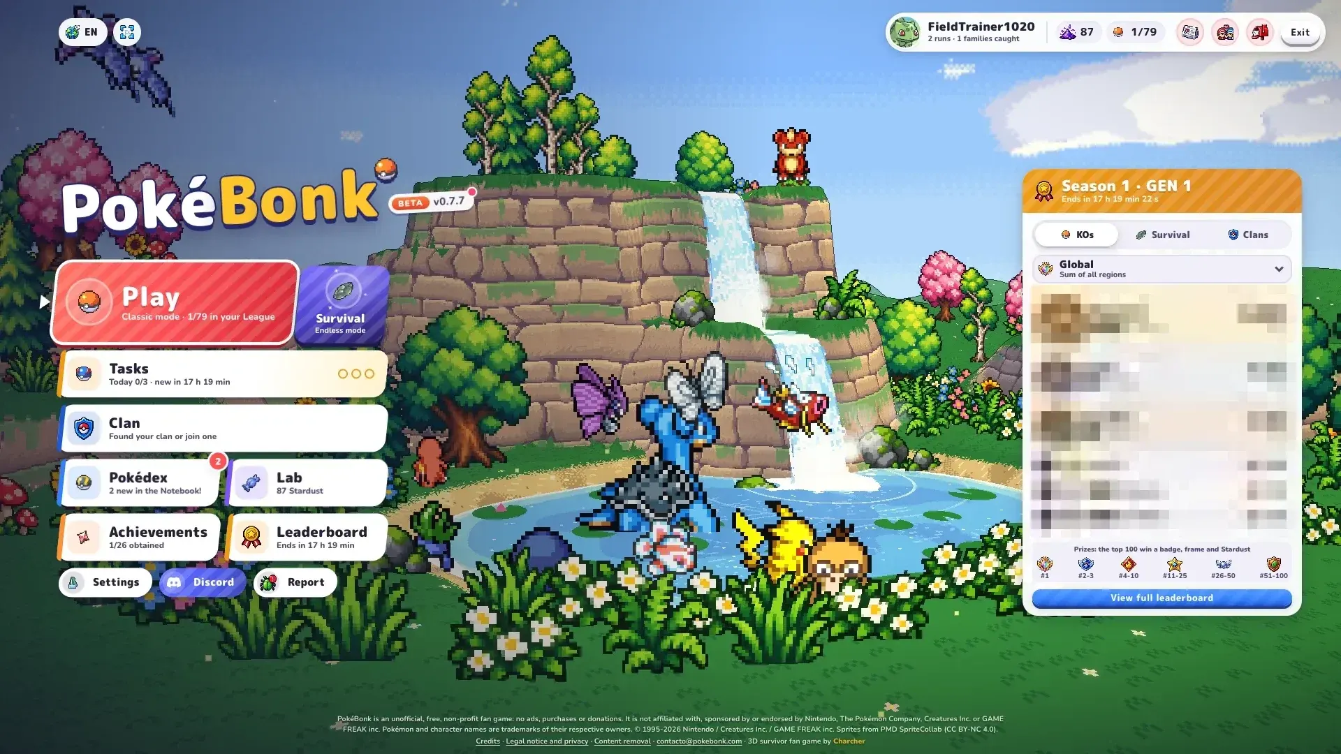 PokéBonk main menu in v0.7.7 with Play, Survival, Lab and the Season 1 leaderboard