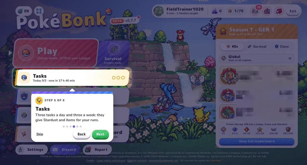 PokéBonk menu tutorial step explaining daily and weekly Tasks