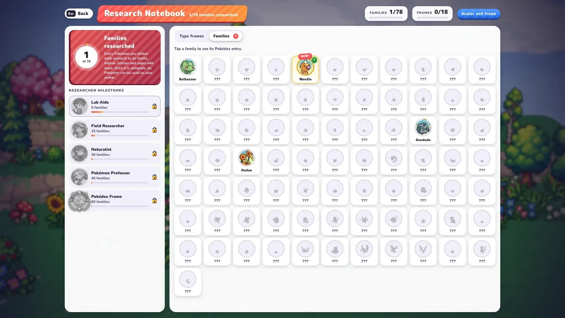 PokéBonk Research Notebook with Pokémon families and research milestones