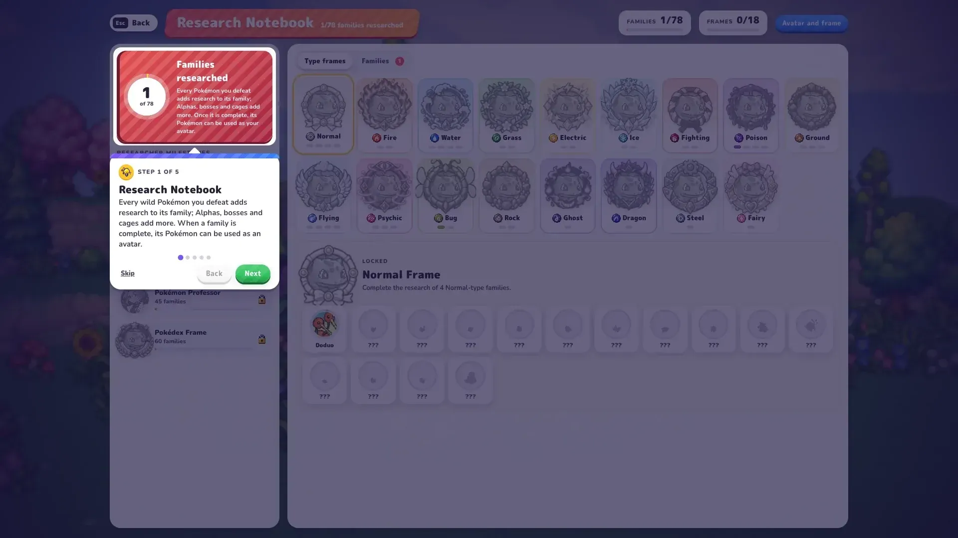 PokéBonk Research Notebook tutorial: research families to unlock avatars and frames