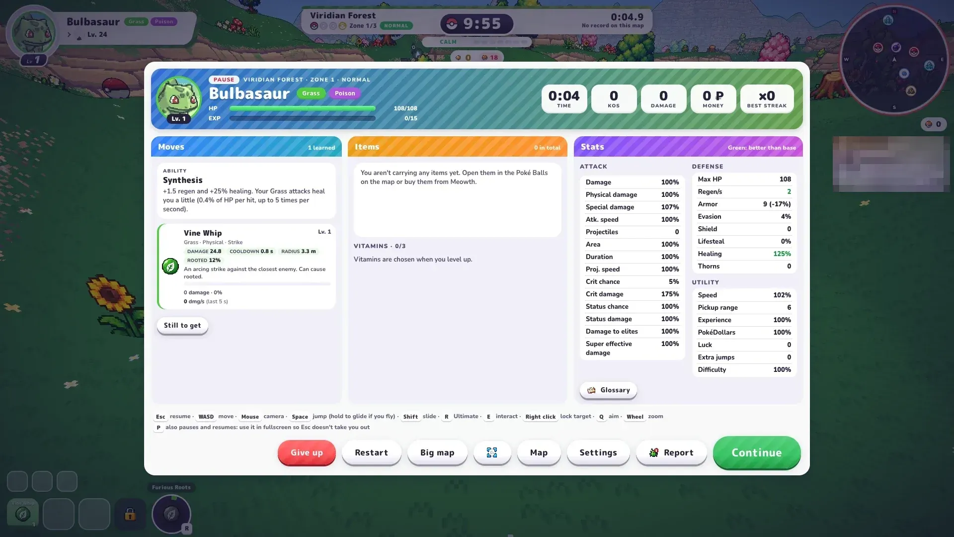 PokéBonk pause screen with Bulbasaur starting stats and move damage