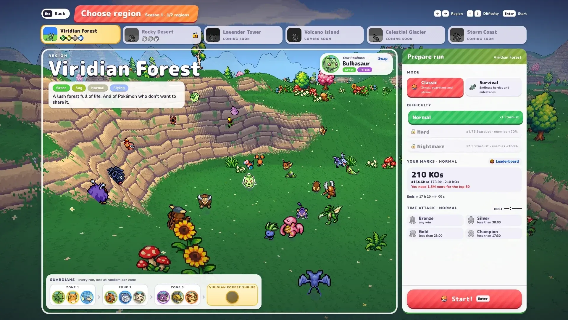 PokéBonk Choose region screen: Viridian Forest Zone 1/3 with Normal difficulty