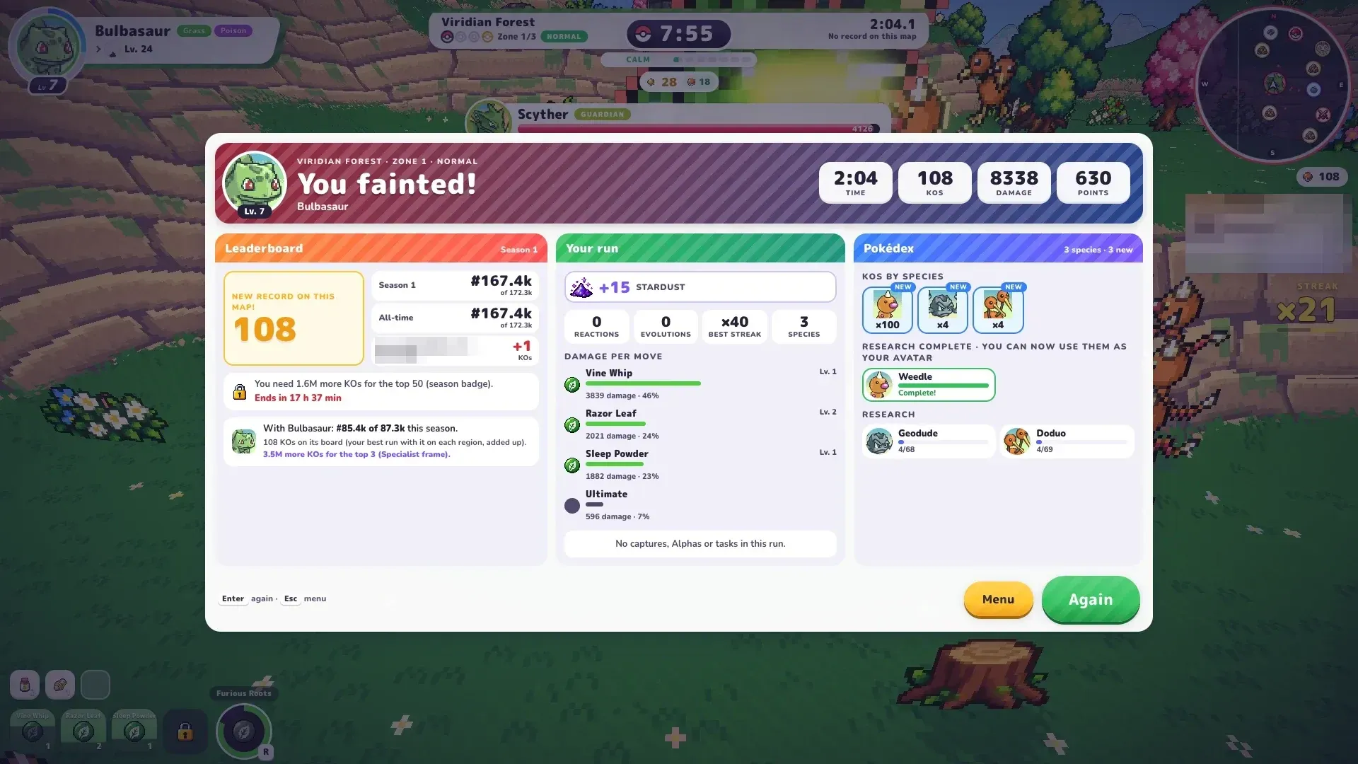 PokéBonk You fainted results: 2:04, 108 KOs, 8,338 damage, +15 Stardust