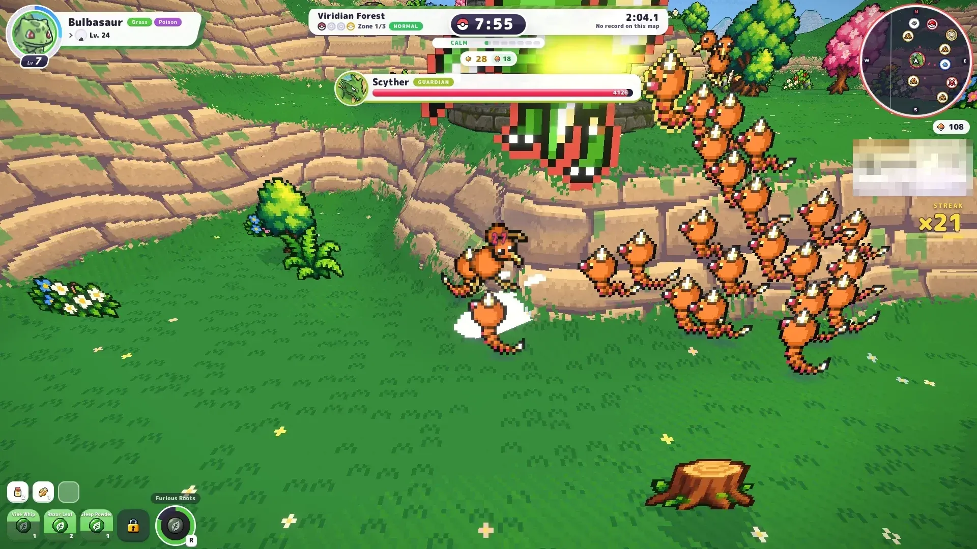 Scyther guardian fight in PokéBonk with its health bar at 4,203 HP