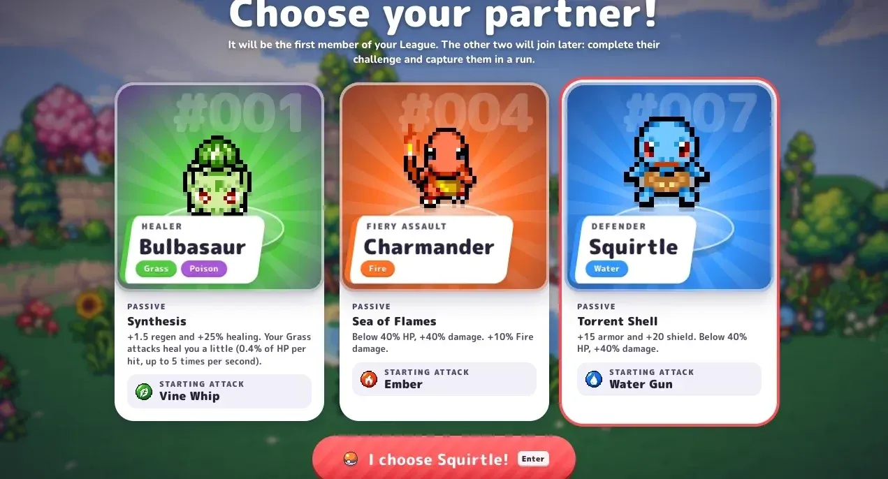 PokéBonk Choose your partner screen: Bulbasaur (Healer), Charmander (Fiery Assault) and Squirtle (Defender)