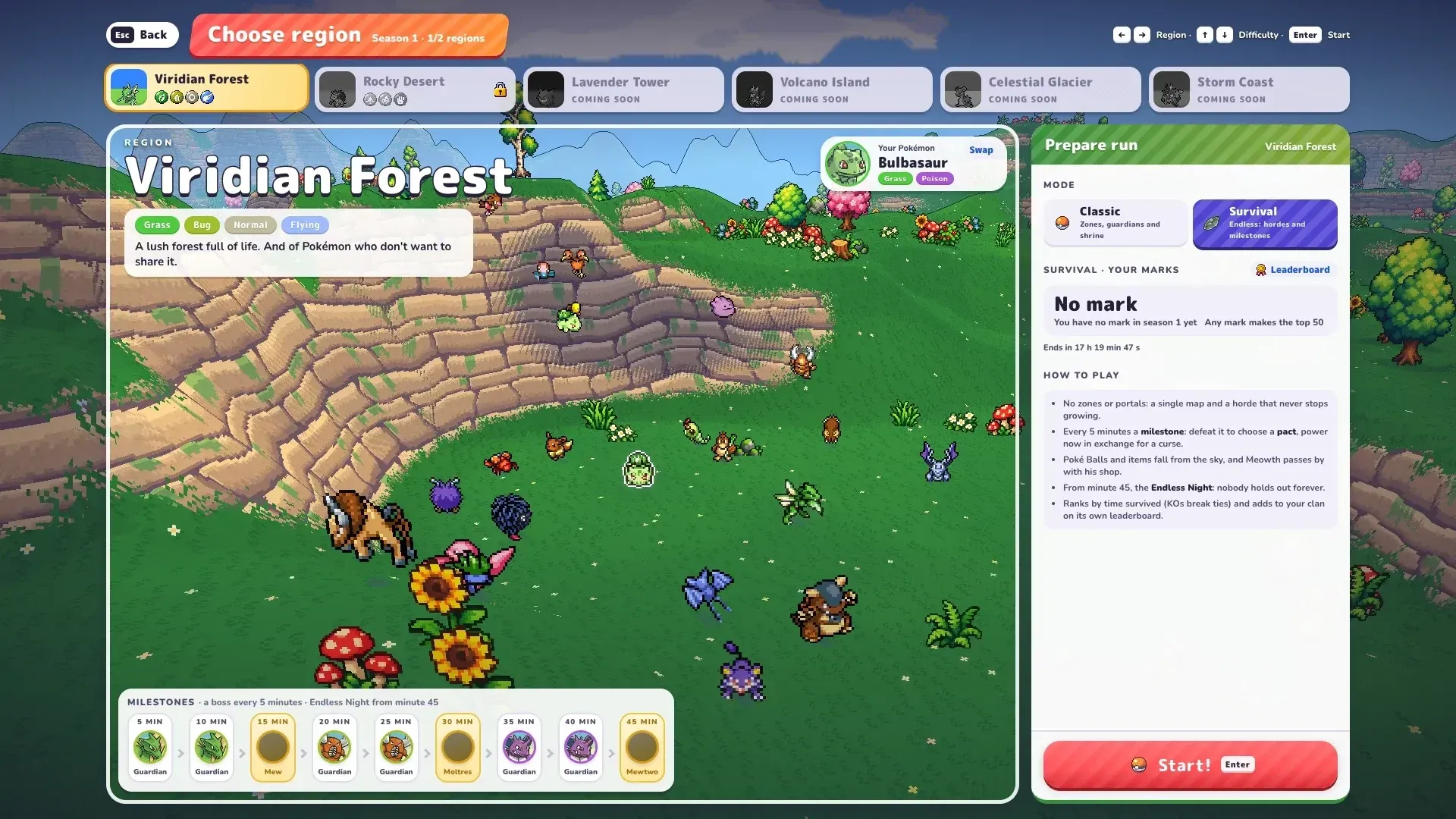 PokéBonk Survival prep screen: a boss every 5 minutes, endless night at 45 minutes, Mew, Moltres and Mewtwo milestones