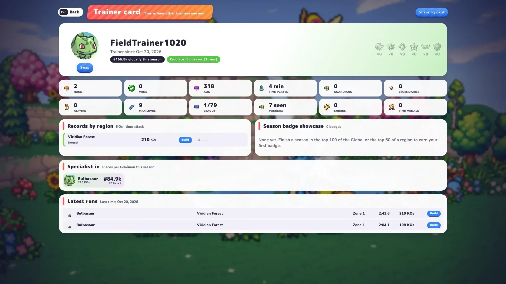 PokéBonk trainer card with runs, records by region and season badge showcase