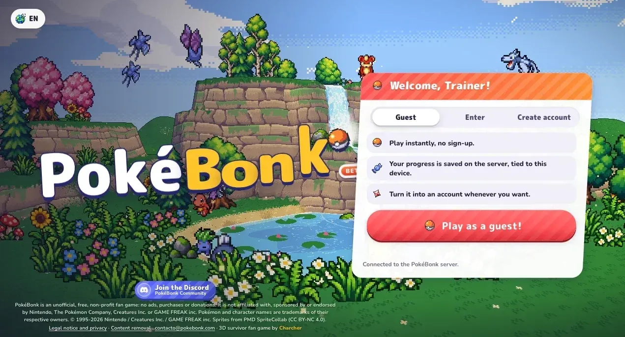 PokéBonk welcome screen with Guest, Enter and Create account options
